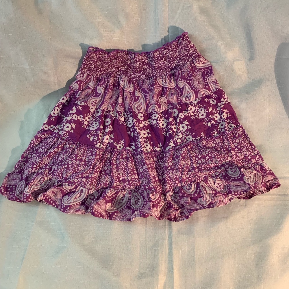 Purple paisley miniskirt.